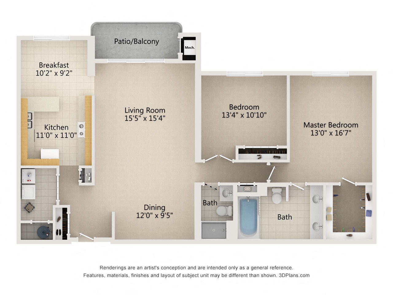 Floor plan layout diagram for 2 Bedroom 2 Bath Type C